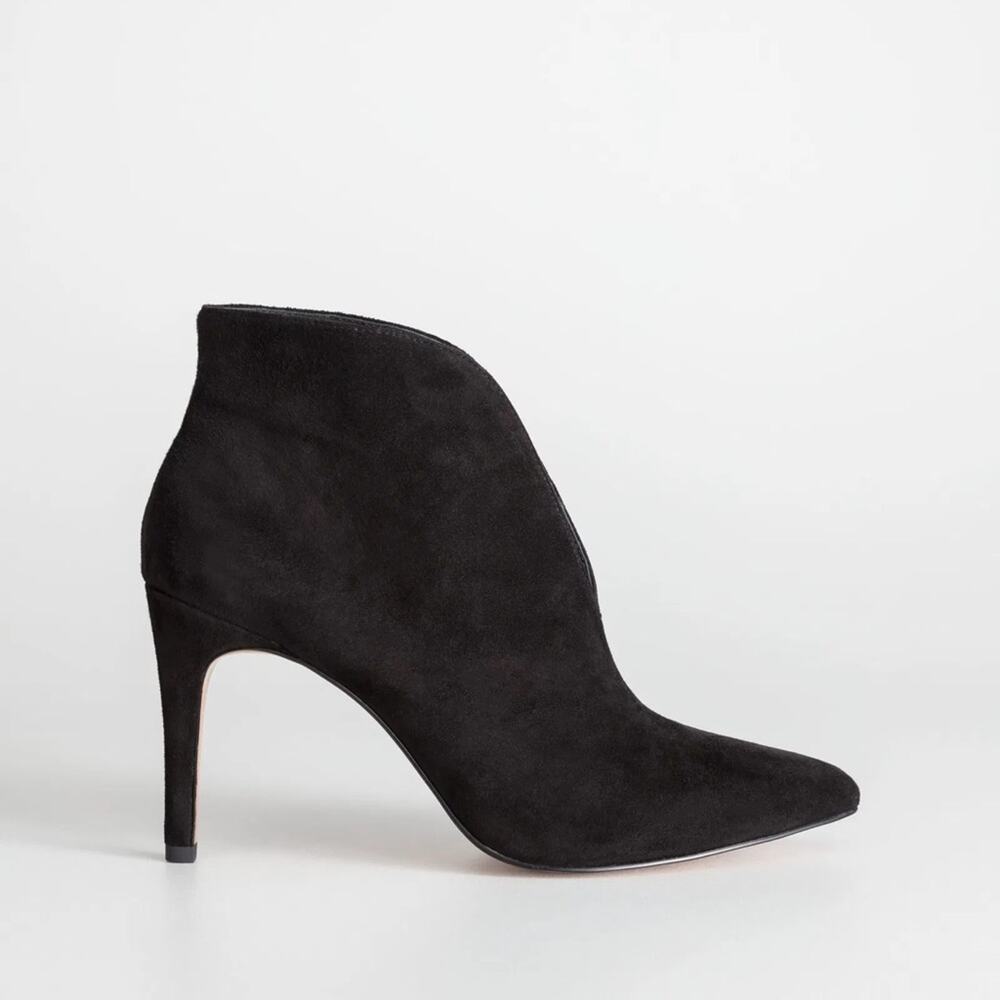 & Other Stories Front Cut Black Suede Leather Point Toe Heeled Boots Size 9.5